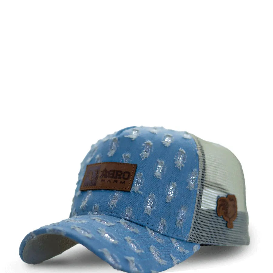 Boné Trucker Feminino Masculino Jeans Azul  Rasgado